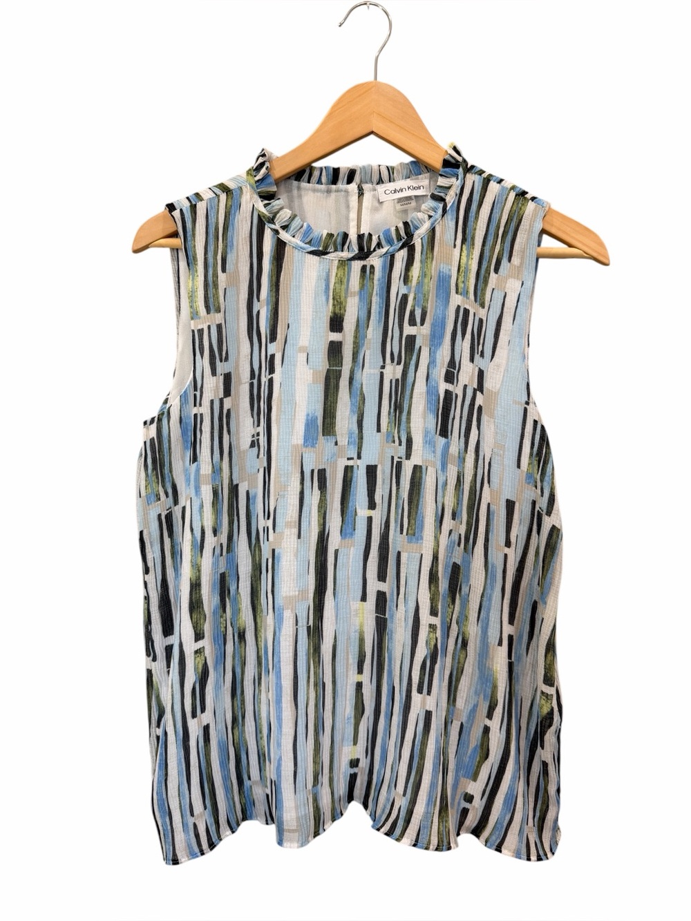 Calvin Klein Abstract Stripe Ruffle Neck Sleeveless Blouse Top Blue Green M NWT - Picture 2 of 15